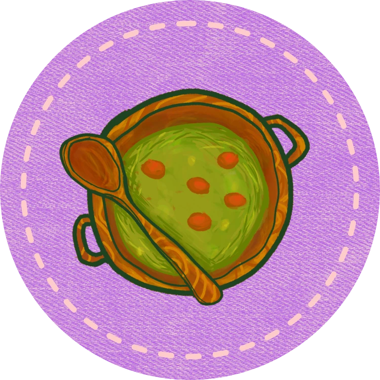 Ilustração de panela e colher de pau, representando as receitas tradicionais